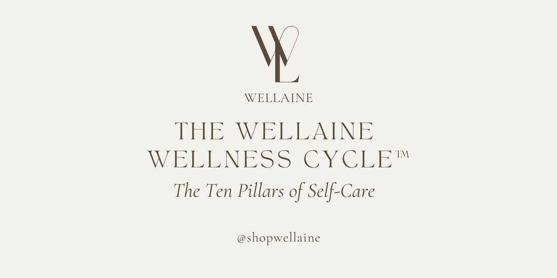 Wellaine logo and The Wellness Cycle title highlighting the ten pillars of holistic self-care and intentional living.