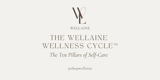 Wellaine logo and The Wellness Cycle title highlighting the ten pillars of holistic self-care and intentional living.