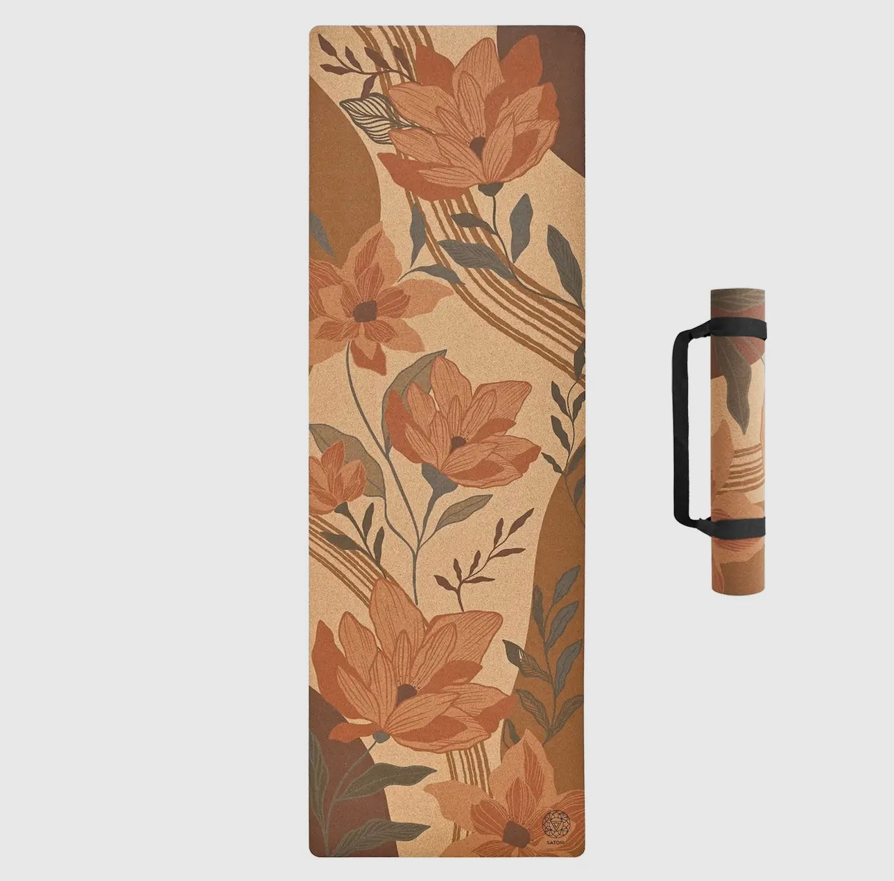 Satori Concept Garden of Flowers cork yoga mat side view with partially rolled design.