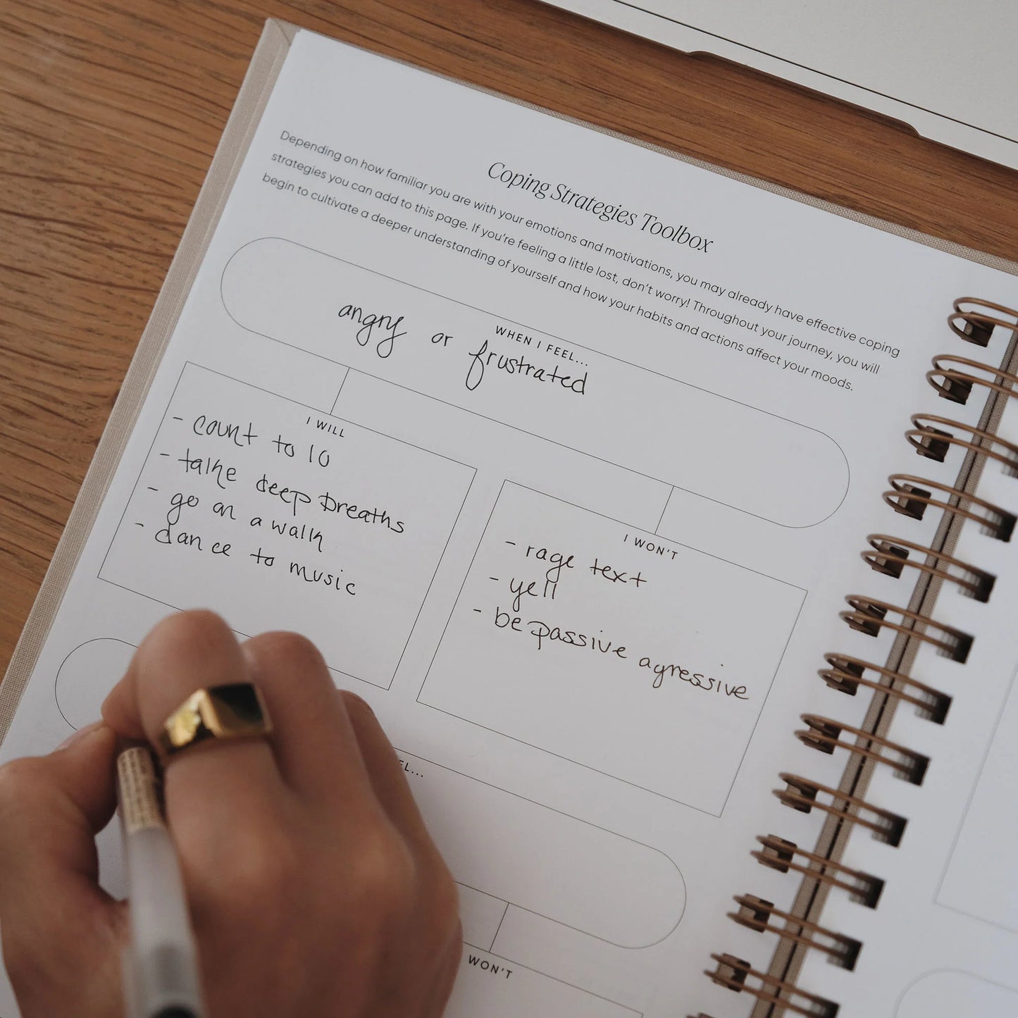 Hand writing in the Coping Strategies Toolbox section of The Inner Work Journal with notes under “When I Feel...” and "I Will" and "I Won't"