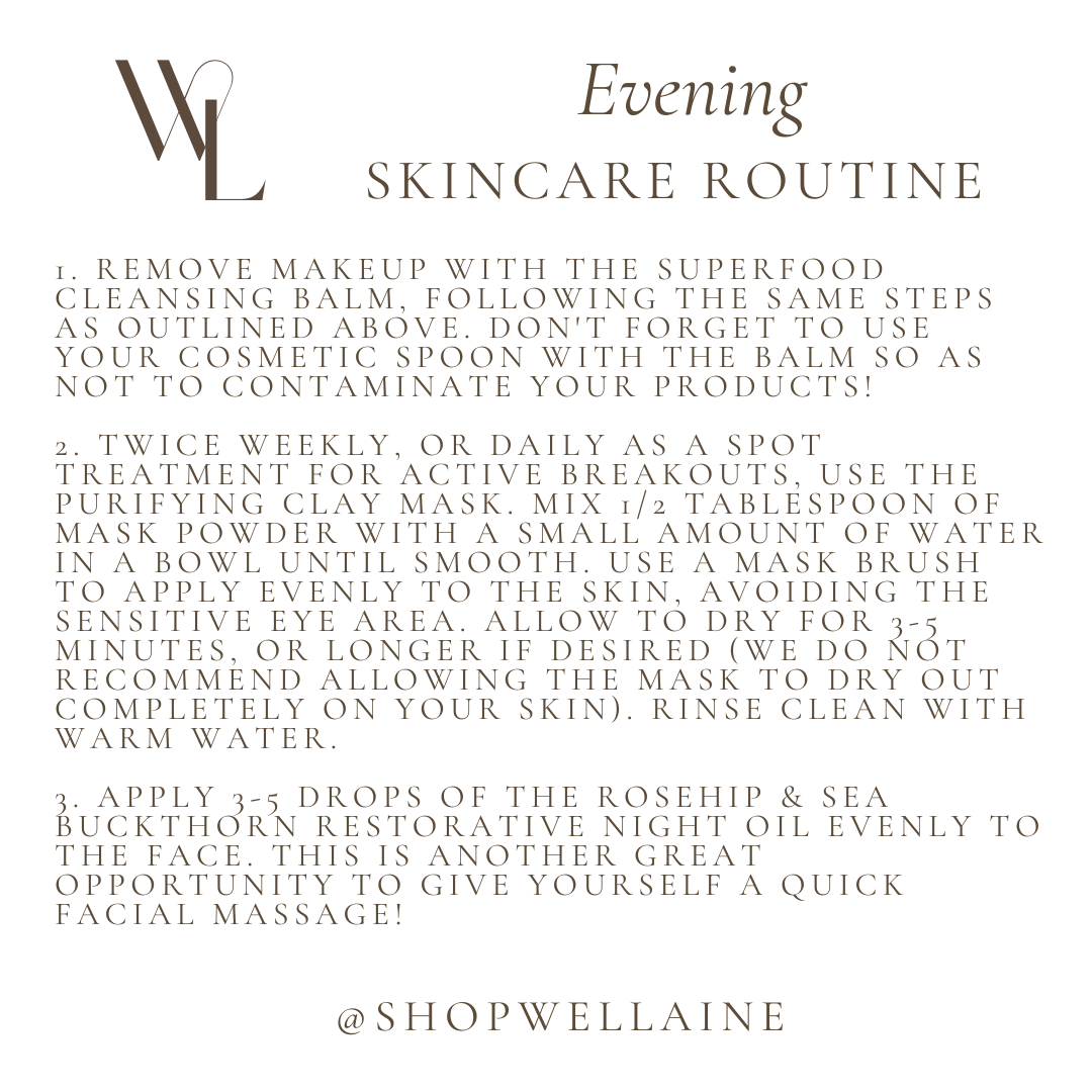 Graphic showing the Evening Skincare Routine using The Sunday Standard products, with step-by-step instructions for cleansing, masking, and moisturizing.