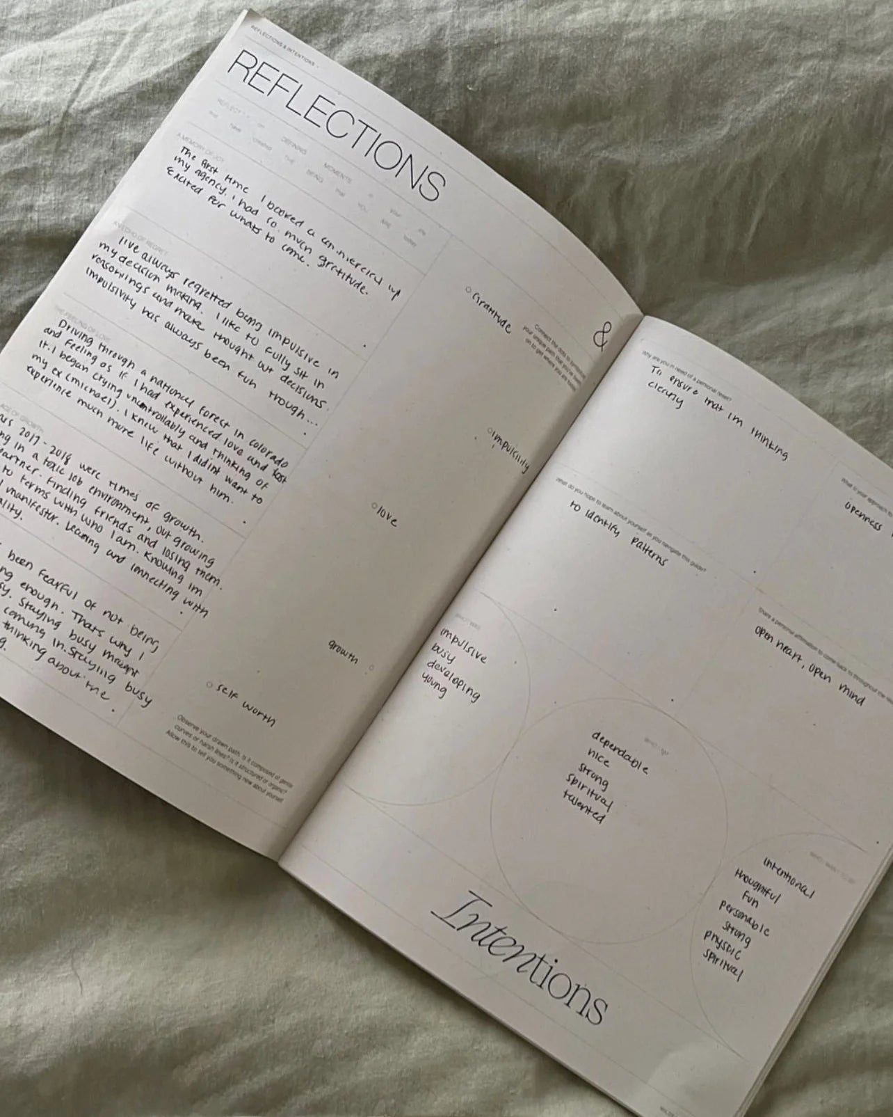 Close-up of The Reset Guide open to a handwritten reflections page and intentions worksheet.