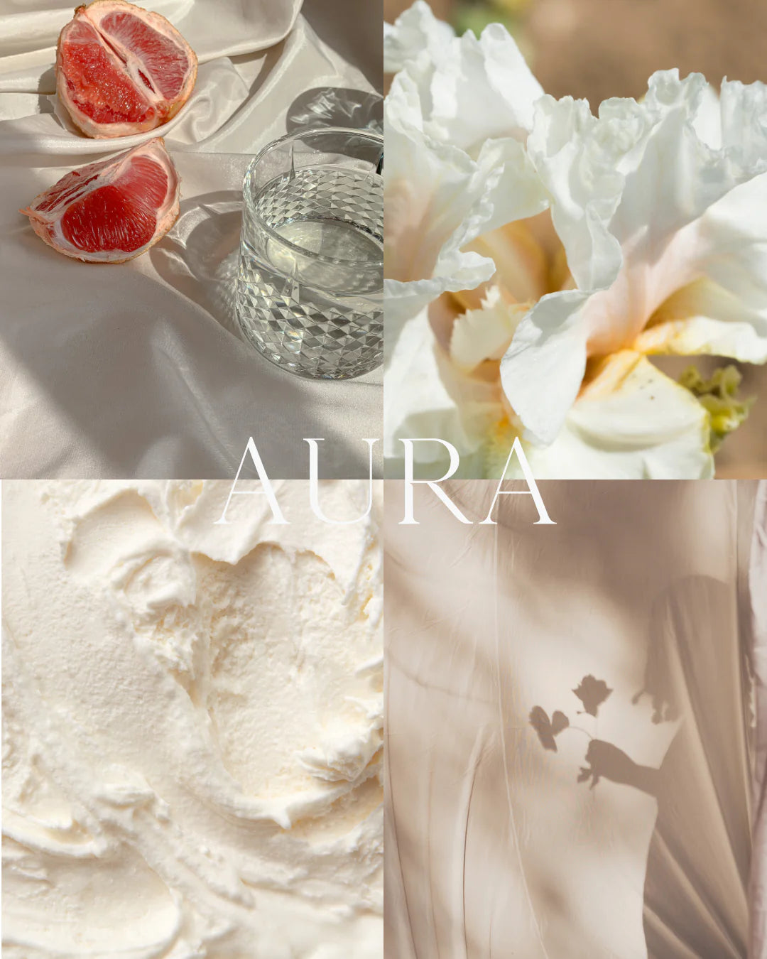 Orchid & Ash Aura fragrance moodboard with grapefruit, petals, and satin textures.