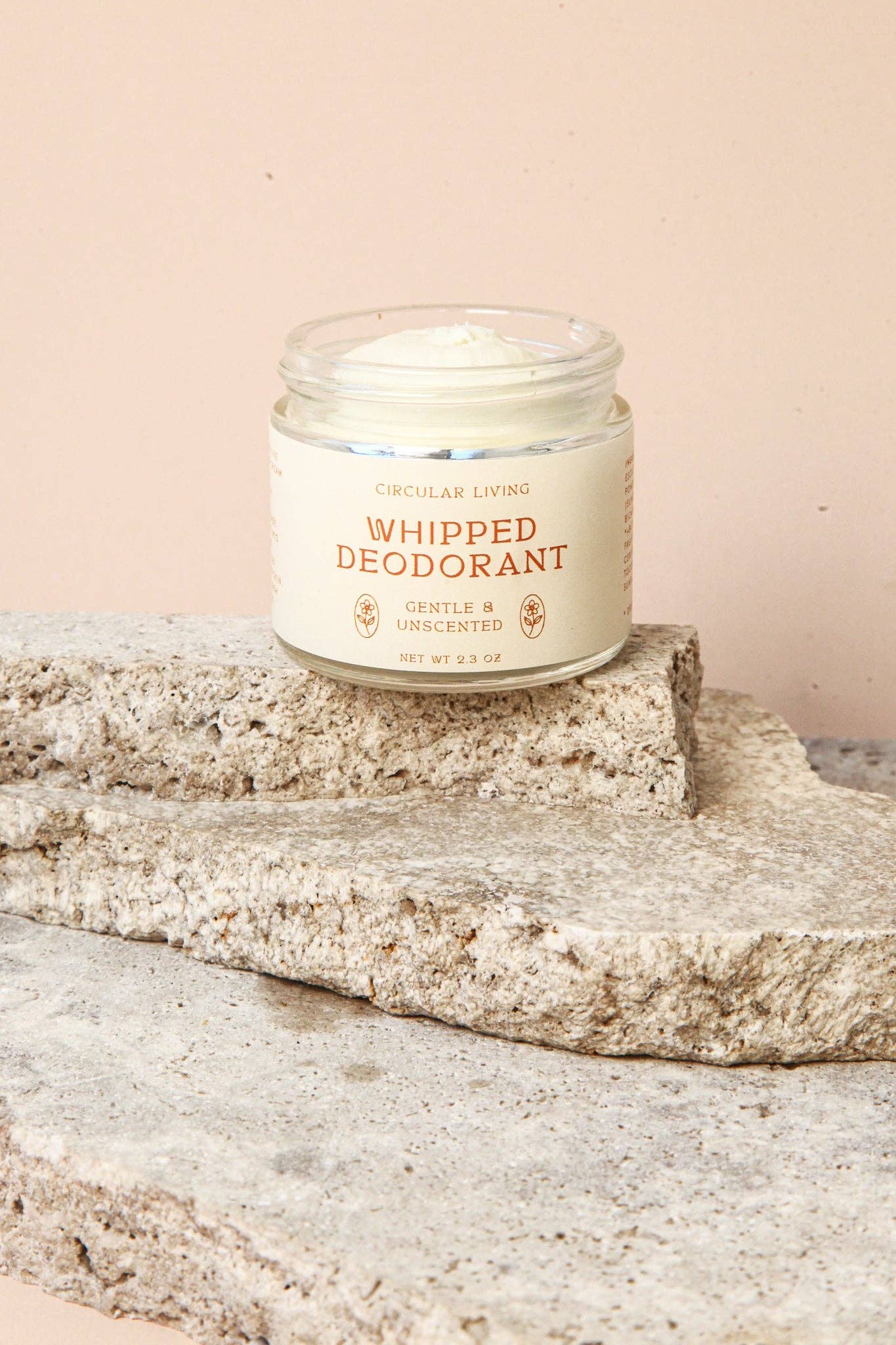 Circular Living Whipped Deodorant Gentle Unscented styled on natural stone, clean beauty body care.