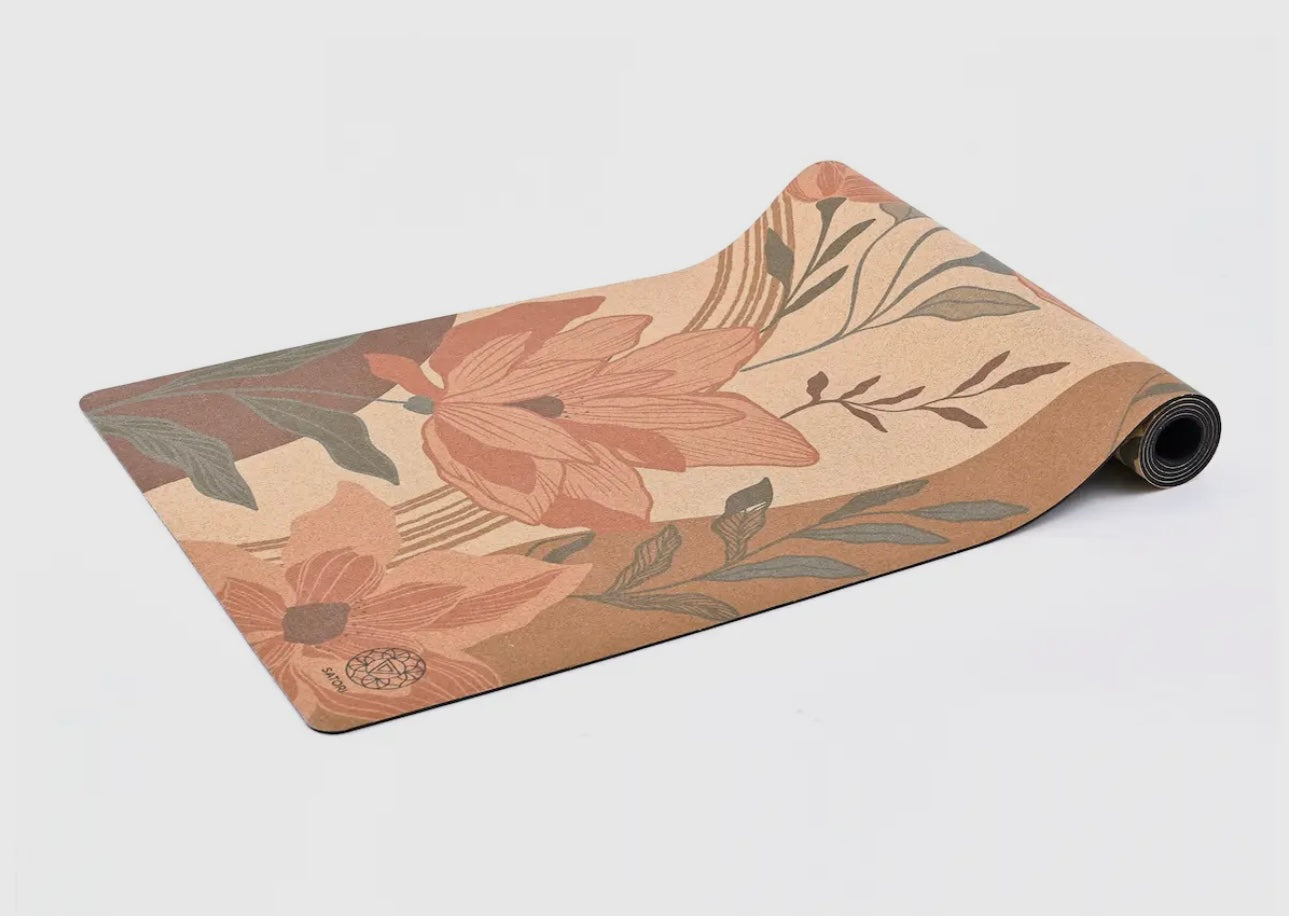 Satori Concept Garden of Flowers cork yoga mat angled view, showing eco-friendly cork texture.