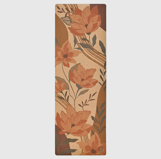 Satori Concept Garden of Flowers cork yoga mat flat lay showing full floral design.