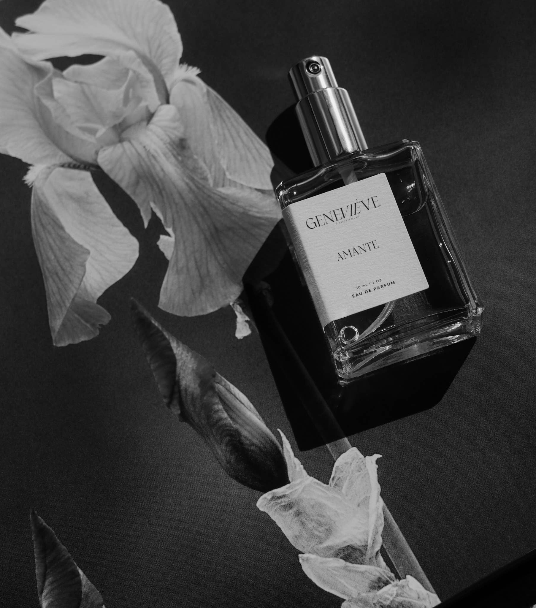 Genevieve Fragrances Amante perfume bottle styled on black background with floral accents.