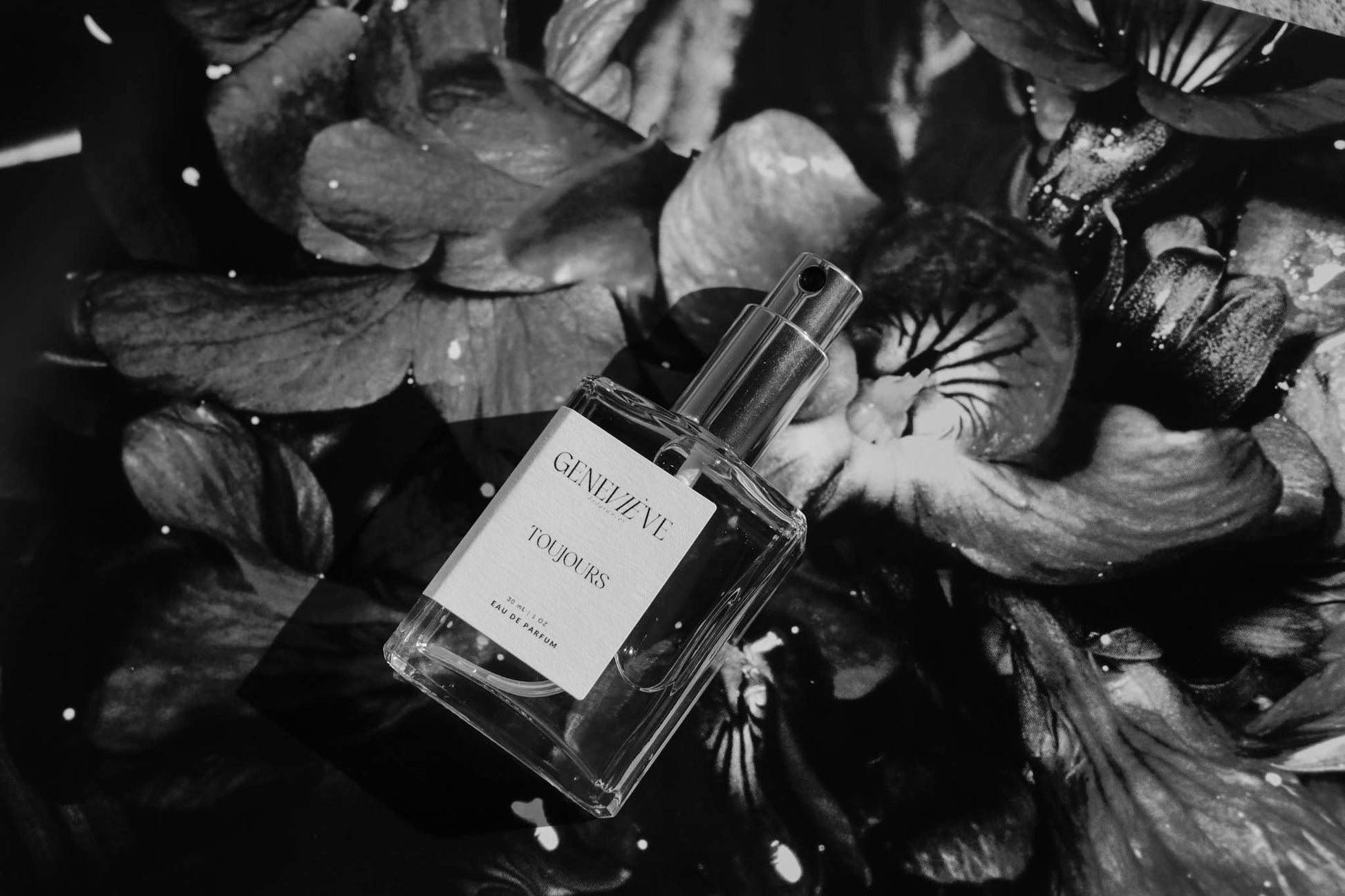 Black and white photo of Geneviève Toujours Eau de Parfum bottle surrounded by flowers.
