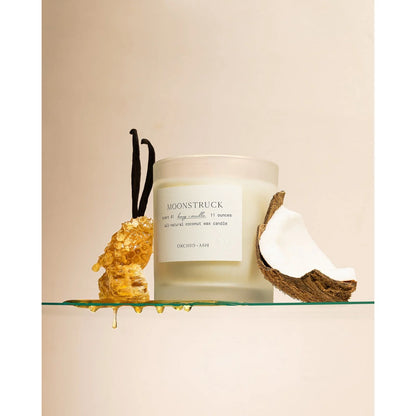 Frosted Moonstruck candle jar by Orchid & Ash next to a honeycomb, vanilla bean, and halved coconut on a glass shelf.