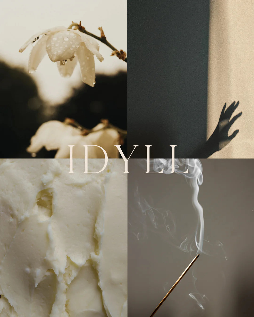 Artistic collage for Idyll by Orchid & Ash featuring incense smoke, cream texture, flower, and hand shadow.