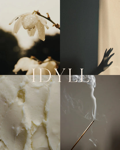 Artistic collage for Idyll by Orchid & Ash featuring incense smoke, cream texture, flower, and hand shadow.