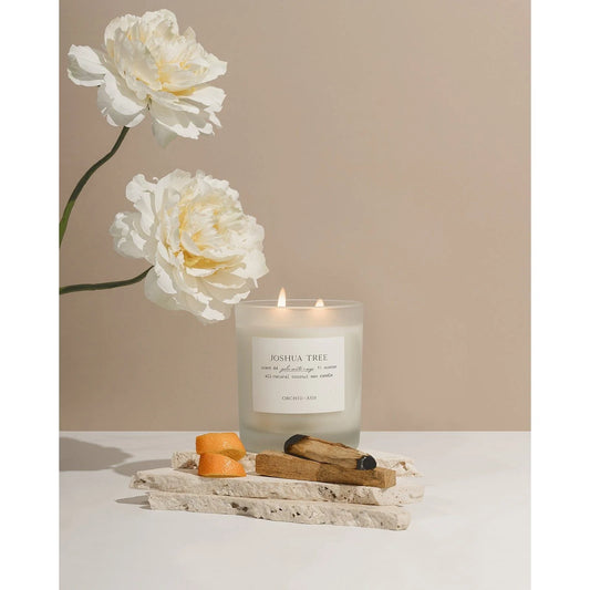 Orchid & Ash Joshua Tree candle on white pedestal stone pieces, with white flowers, burnt palo santo and orange peel skin.