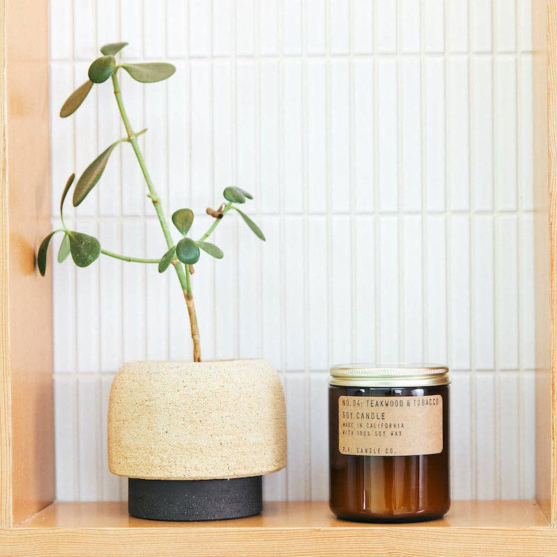 Teakwood & Tobacco candle by P.F. Candle styled next to ceramic planter on modern shelf.