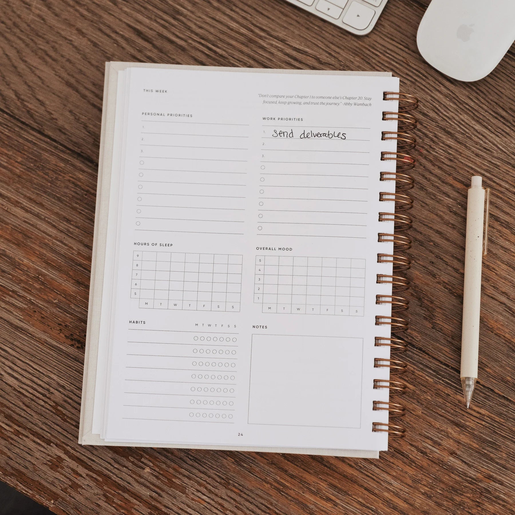 Flat lay of The Self Care Planner weekly overview page on a wooden desk, showing personal and work priorities lists,  hours of sleep, overall mood, and habit tracker sections.
