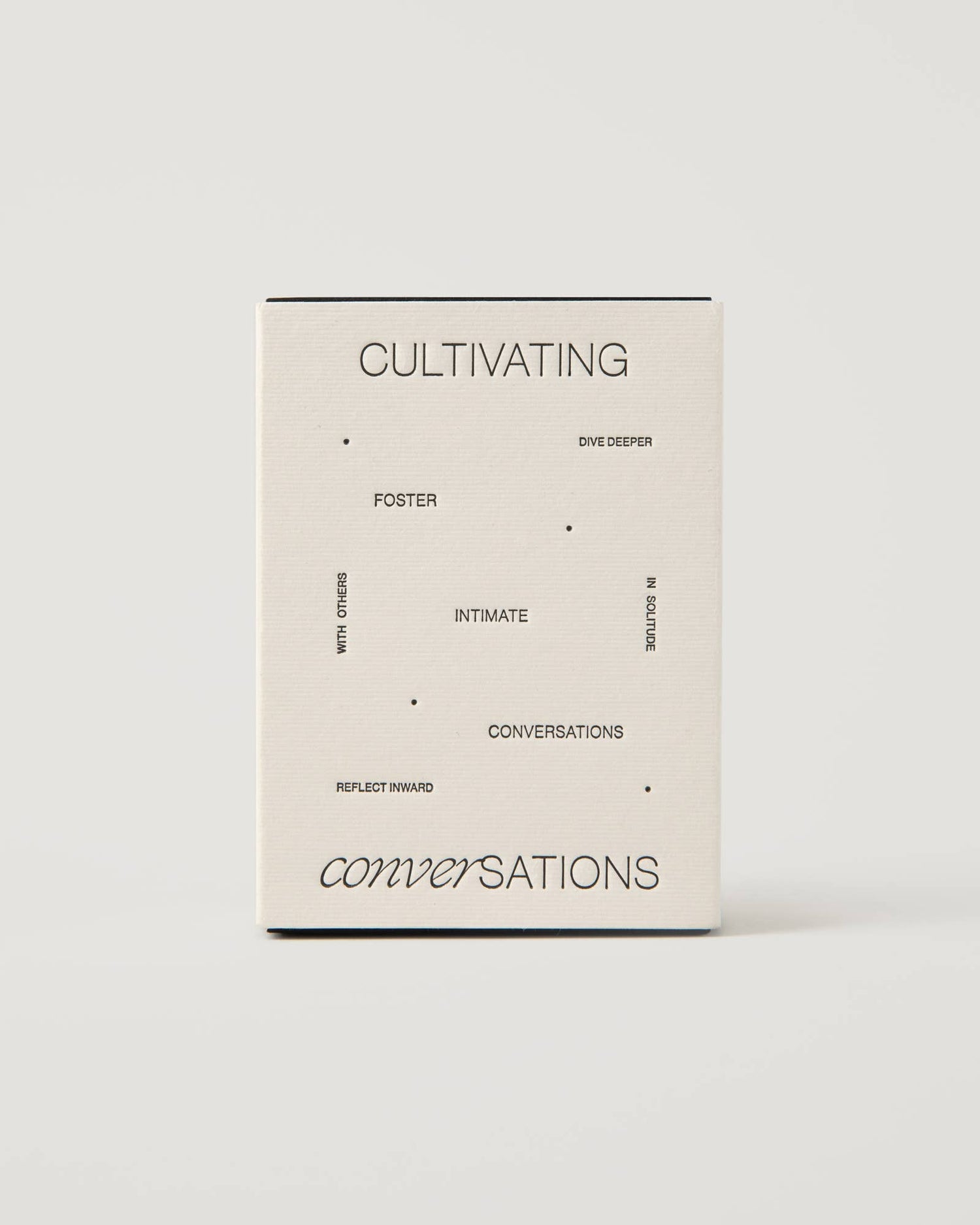 Front of the Wilde House Paper Cultivating Conversations Card Deck box on neutral background.