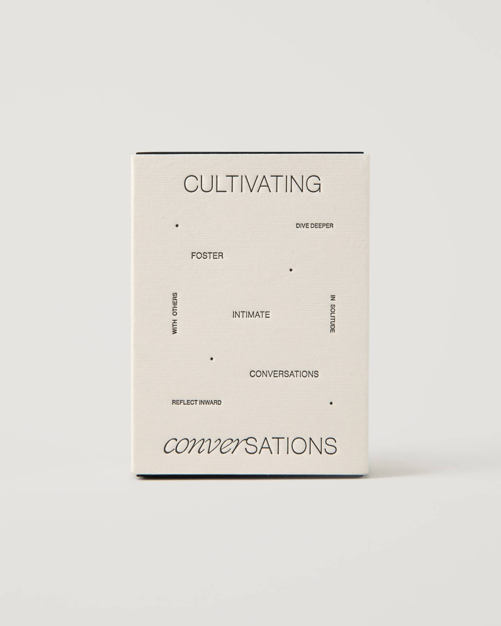 Front of the Wilde House Paper Cultivating Conversations Card Deck box on neutral background.