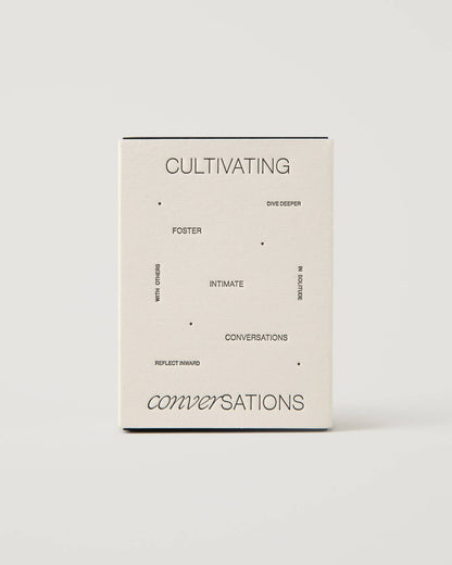 Front of the Wilde House Paper Cultivating Conversations Card Deck box on neutral background.