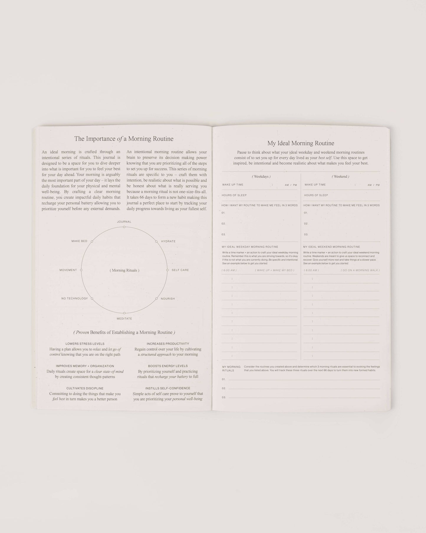 Inside pages of Wilde House Paper Morning Routine Journal with guidance and ideal morning routine layout.
