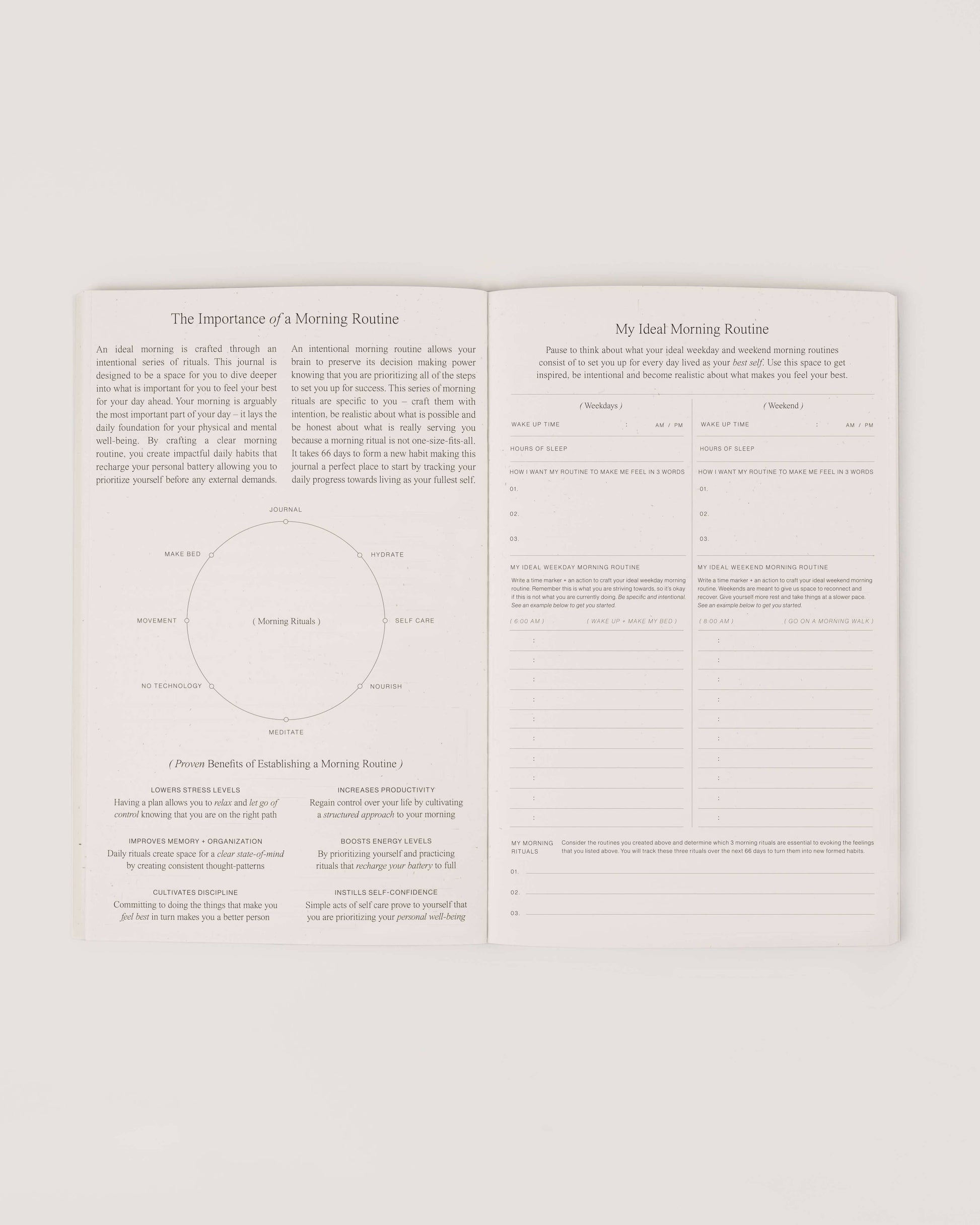 Inside pages of Wilde House Paper Morning Routine Journal with guidance and ideal morning routine layout.