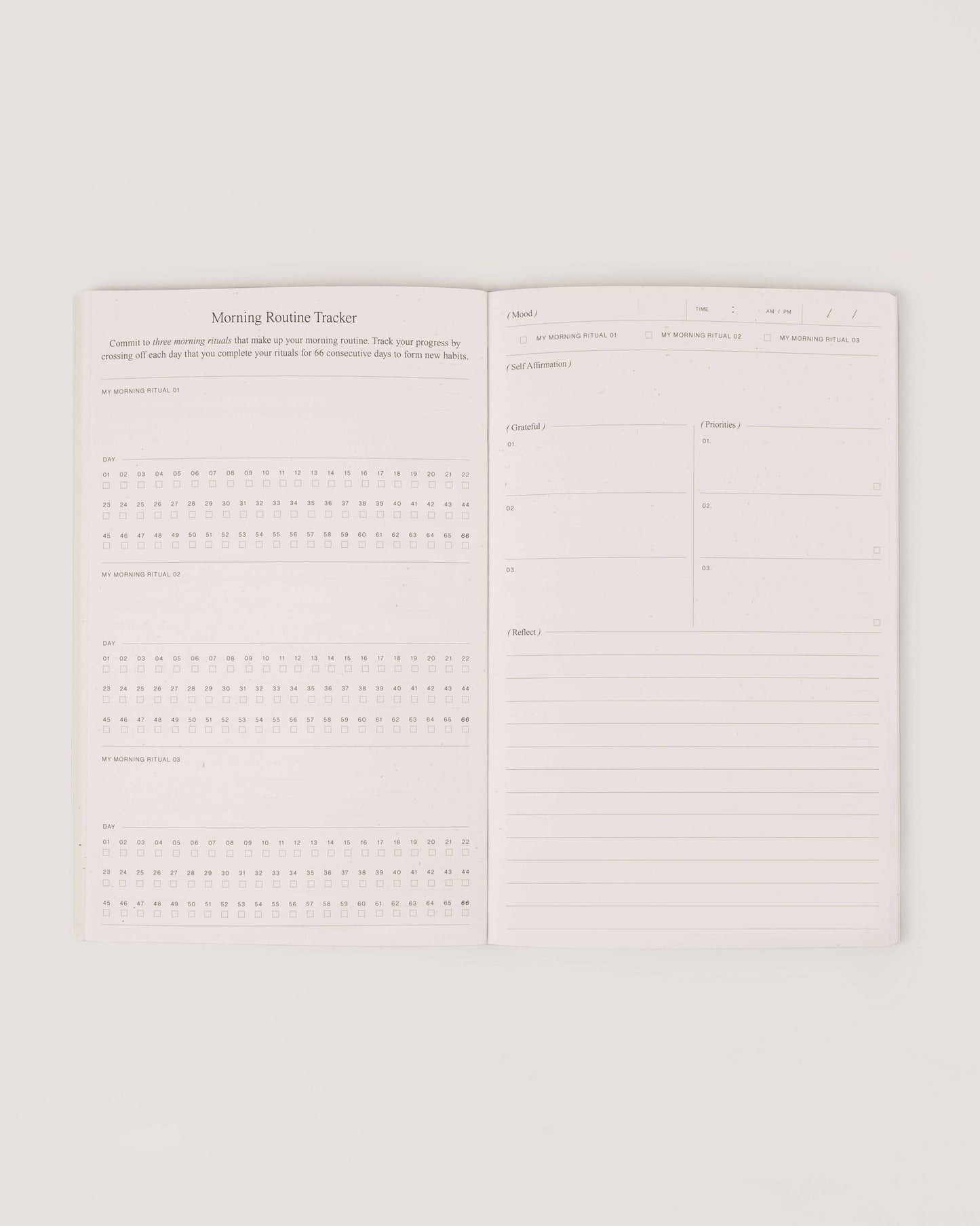 Close-up of Wilde House Paper Morning Routine Journal morning routine tracker and notes section.