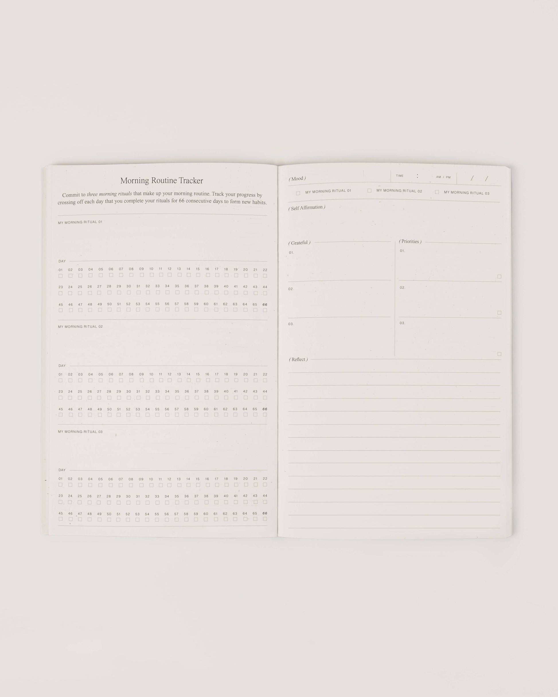Close-up of Wilde House Paper Morning Routine Journal morning routine tracker and notes section.
