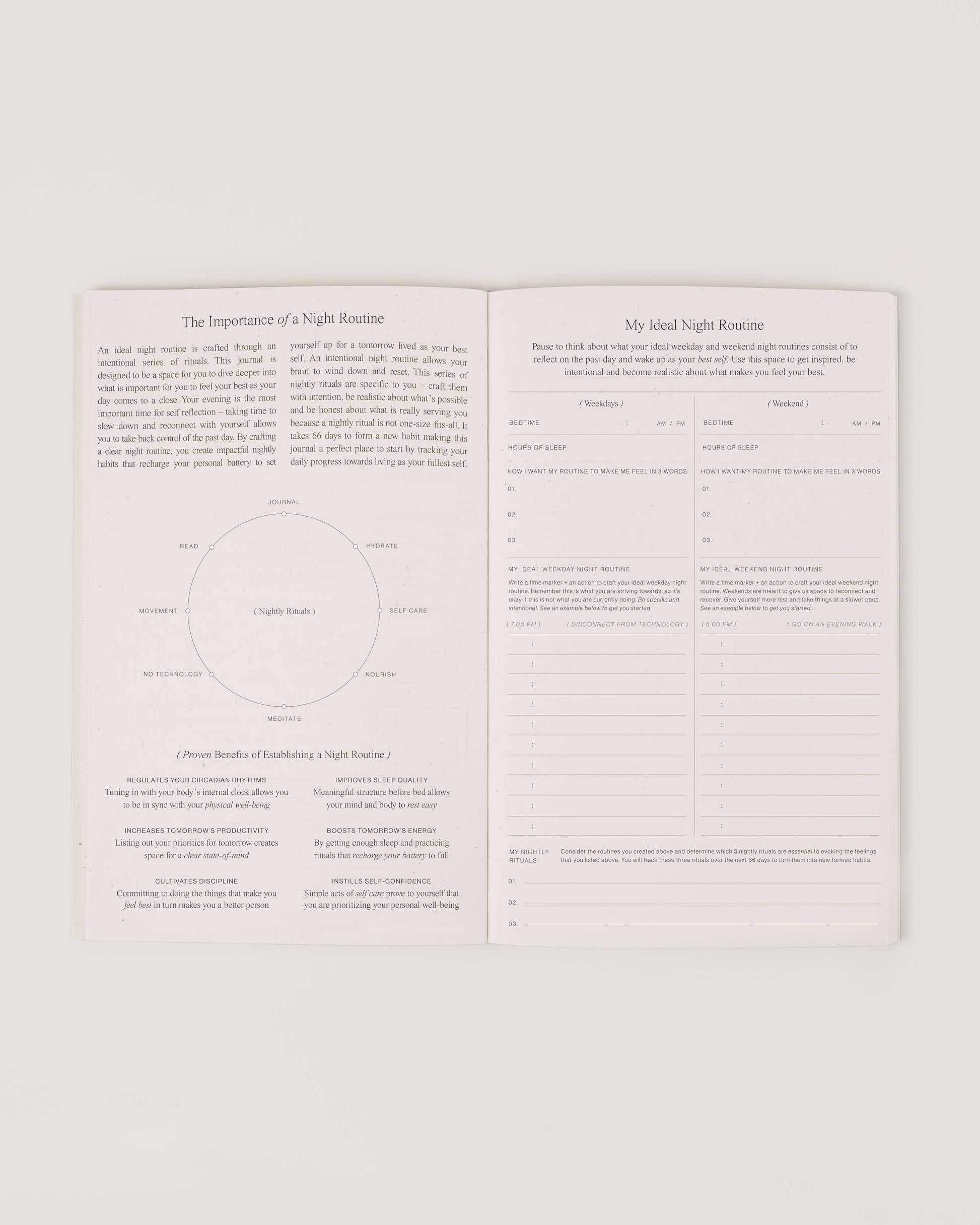 Inside pages of Wilde House Paper Night Routine Journal showing night routine planning section.