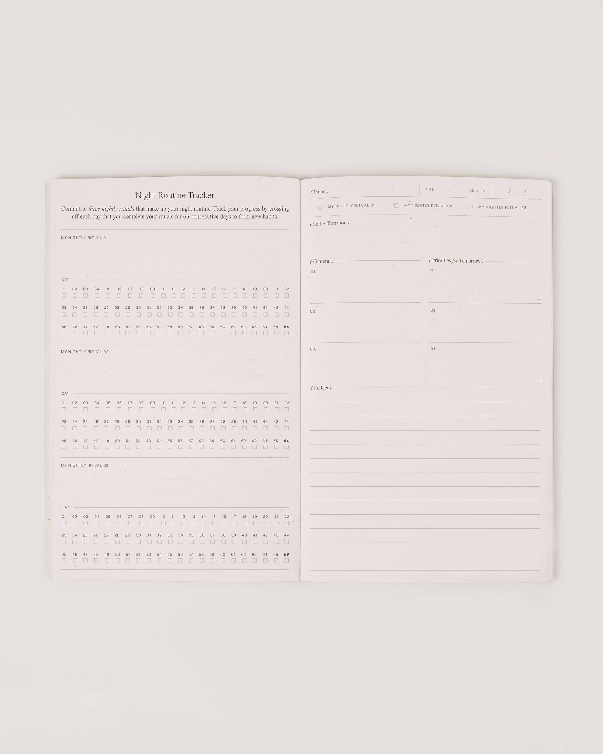 Night routine tracker pages inside Wilde House Paper Night Routine Journal.