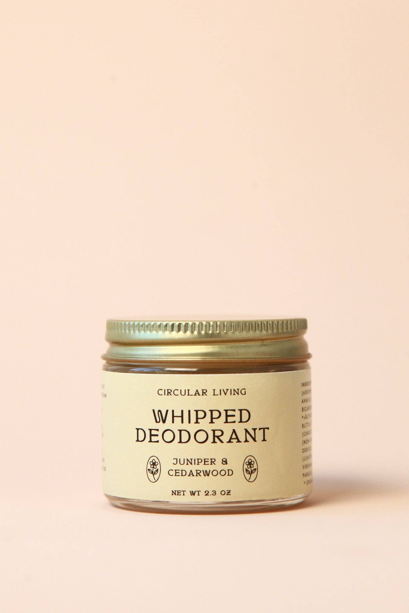 Circular Living Whipped Deodorant Juniper and Cedarwood product displayed on minimal beige background.