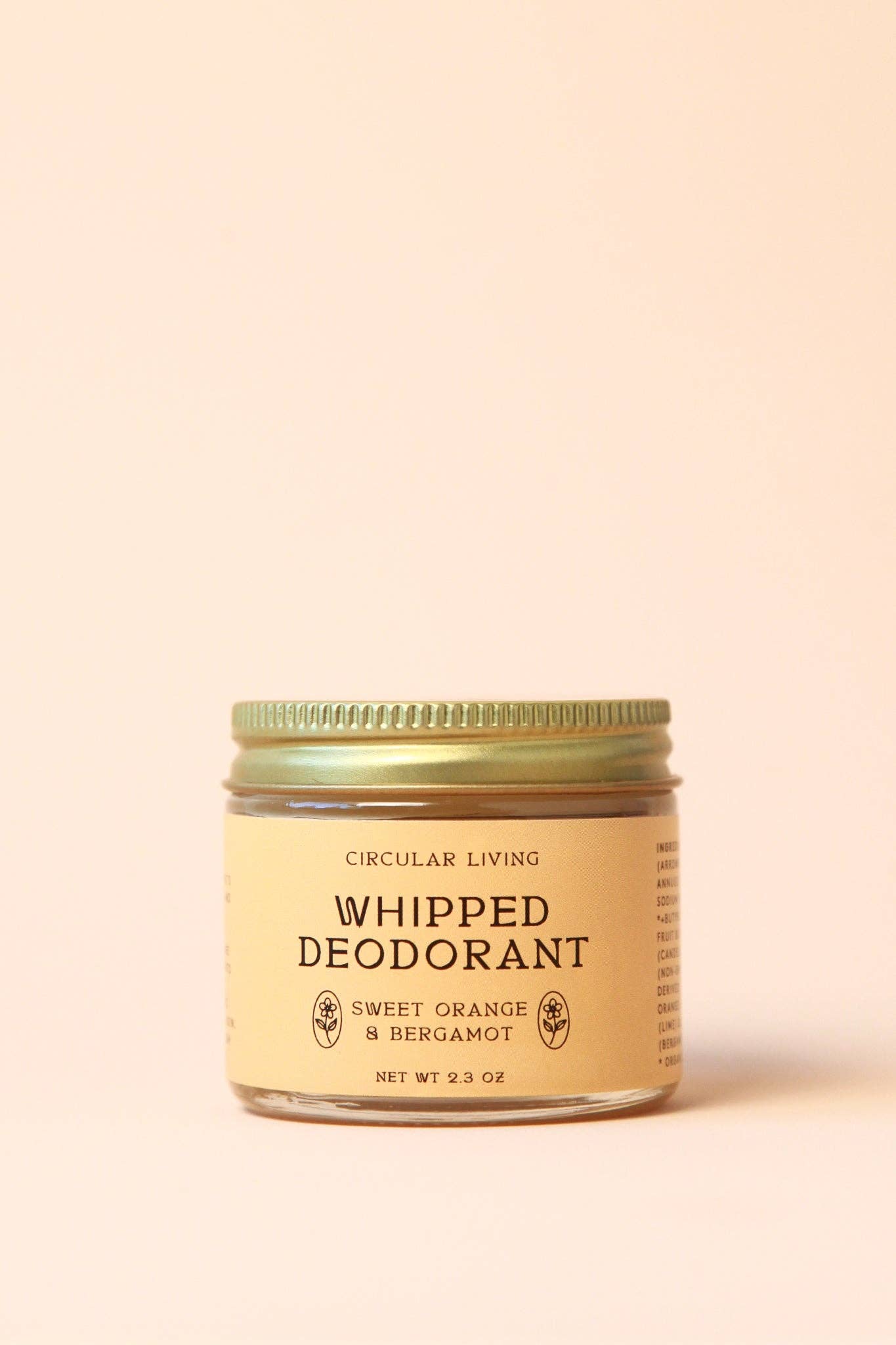 Circular Living Whipped Deodorant Sweet Orange and Bergamot displayed on warm beige background.