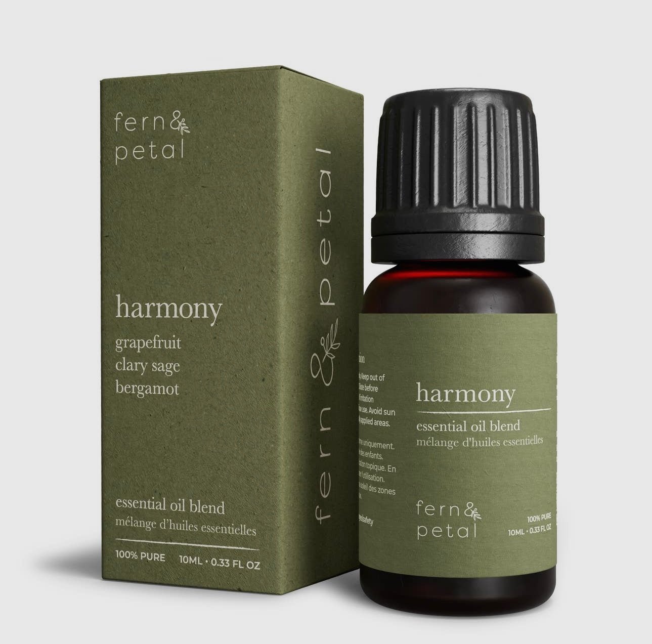 Fern & Petal Harmony Essential Oil bottle and box set against a clean white background.