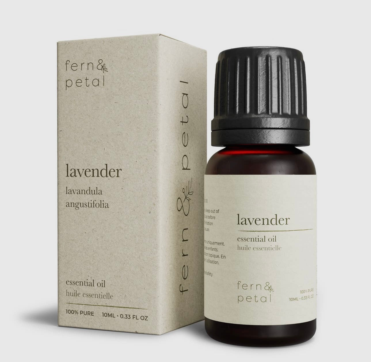 Fern & Petal Lavender Essential Oil bottle and box set against a clean white background.