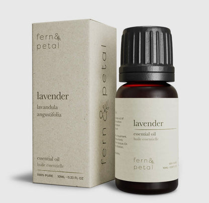 Fern & Petal Lavender Essential Oil bottle and box set against a clean white background.