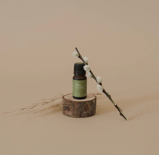 Fern & Petal Willow Essential Oil bottle displayed on a wooden base with a decorative branch.