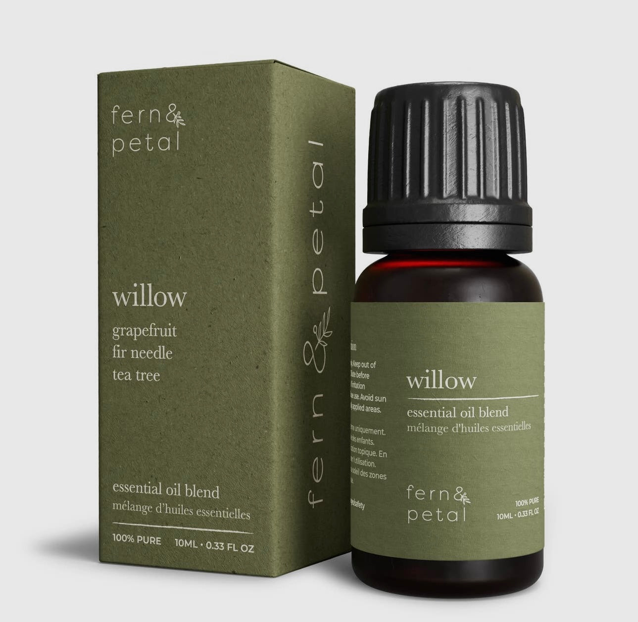 Fern & Petal Willow Essential Oil bottle with green label and box set against a clean white background.