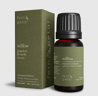 Fern & Petal Willow Essential Oil bottle with green label and box set against a clean white background.
