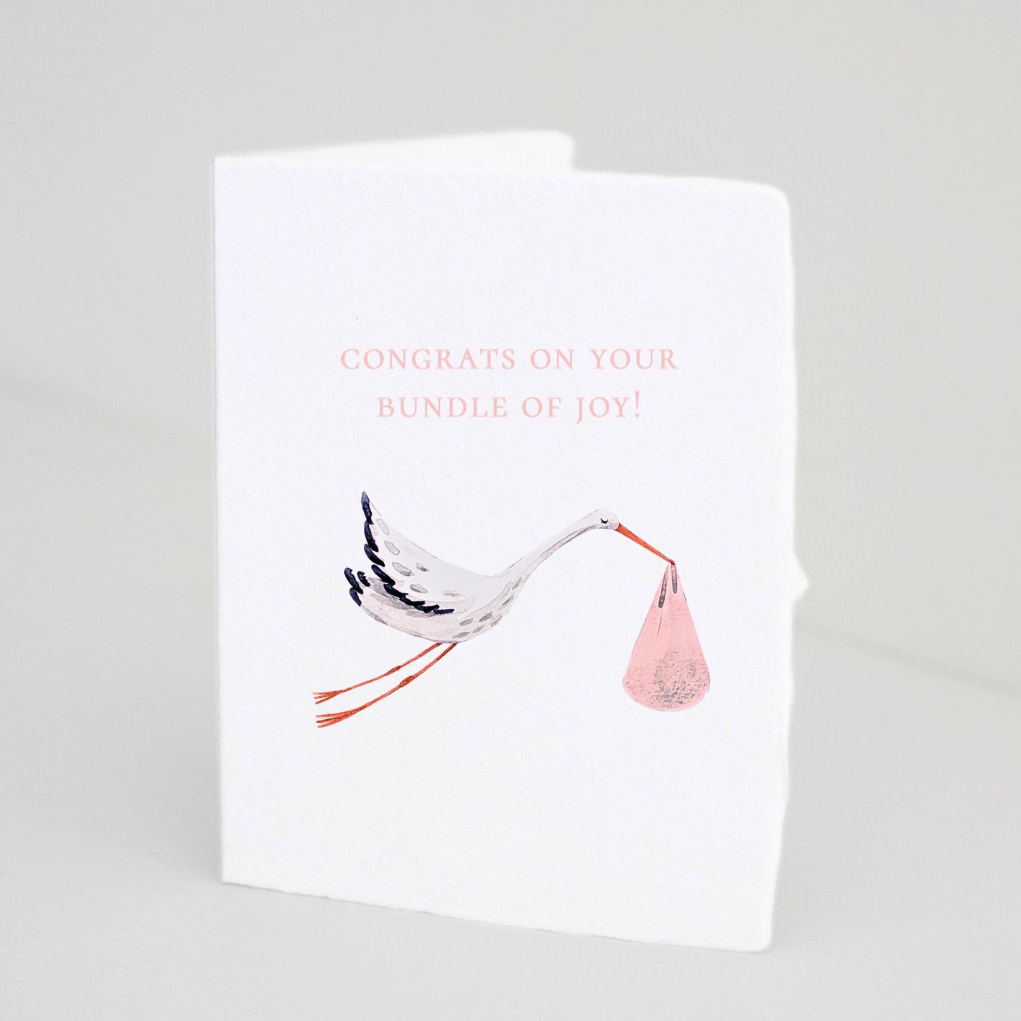 Front of Paper Baristas baby girl greeting card with illustrated stork carrying a pink bundle and text that reads “Congrats on your Bundle of Joy!”