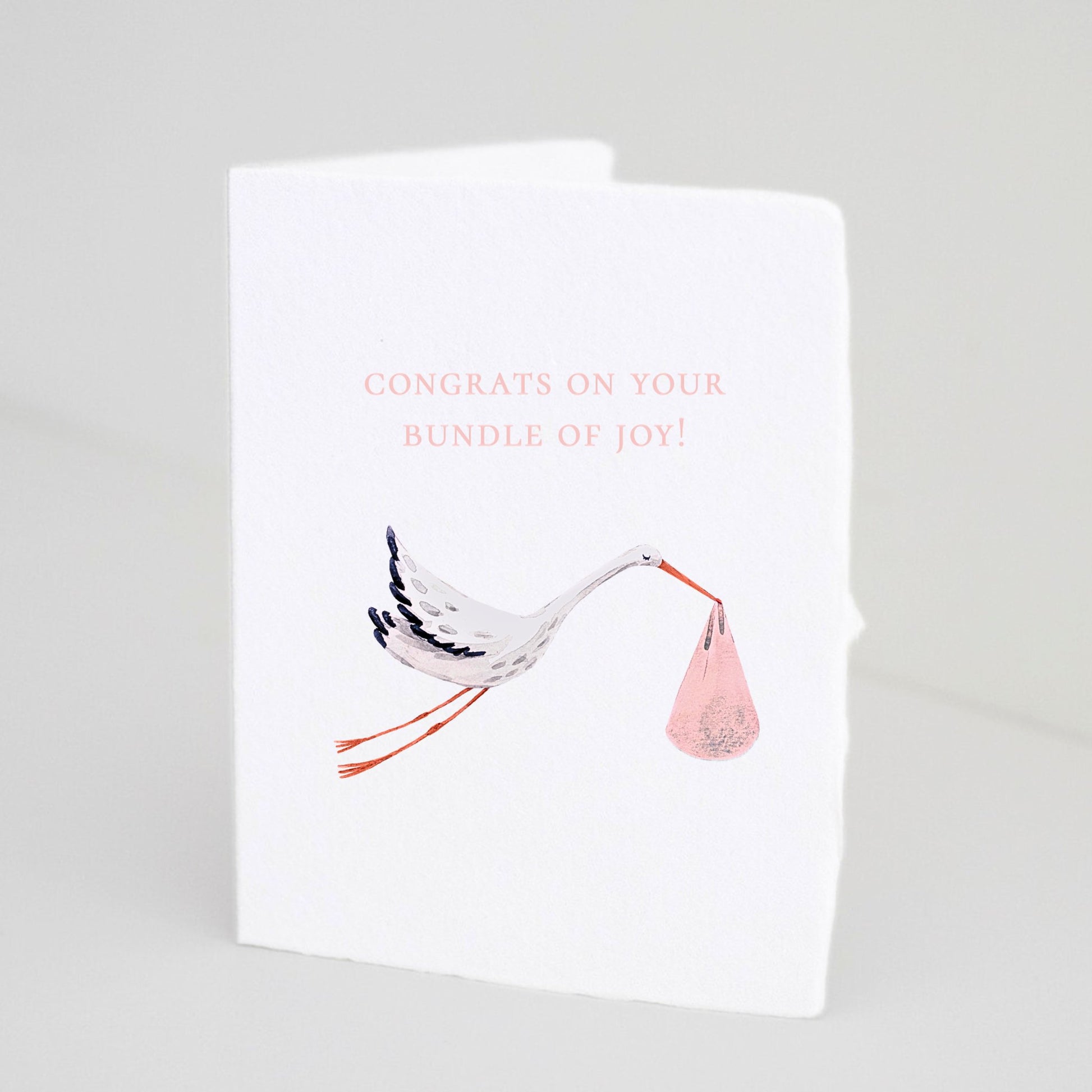 Front of Paper Baristas baby girl greeting card with illustrated stork carrying a pink bundle and text that reads “Congrats on your Bundle of Joy!”
