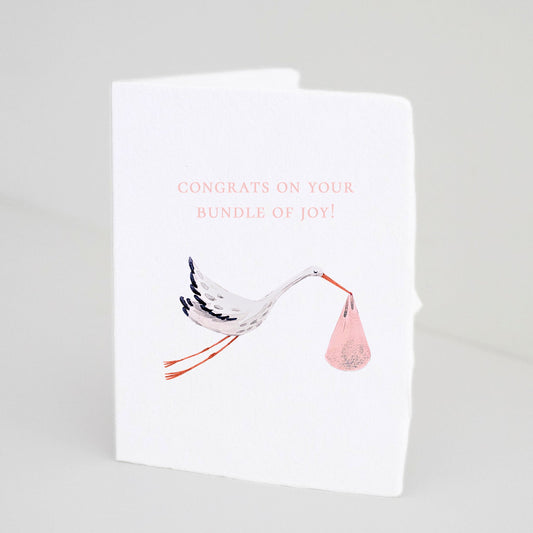 Front of Paper Baristas baby girl greeting card with illustrated stork carrying a pink bundle and text that reads “Congrats on your Bundle of Joy!”