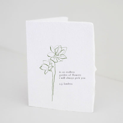Paper Baristas greeting card with delicate and minimal wildflower illustration in green with quote: “In An Endless Garden of Flowers, I Will Always Pick You – A.J. Lawless” printed on handmade from eco-friendly recycled cotton paper.