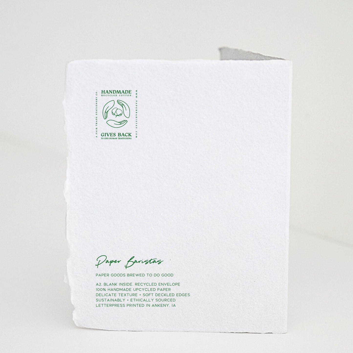Back of Paper Baristas "Mother, Thank You For All The Ways You Helped Me Bloom" greeting card with letterpress details and ethical production message in green ink.