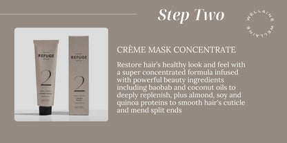 Promo Ad REFUGE Step 2 Crème Mask Concentrate, describing hair-smoothing benefits with key ingredient highlights - Wellaine