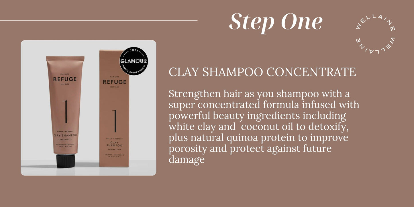 Promo Ad REFUGE Step 1 Clay Shampoo, describes strengthening perks with key ingredients GLAMOUR 2022 Award Badge - Wellaine