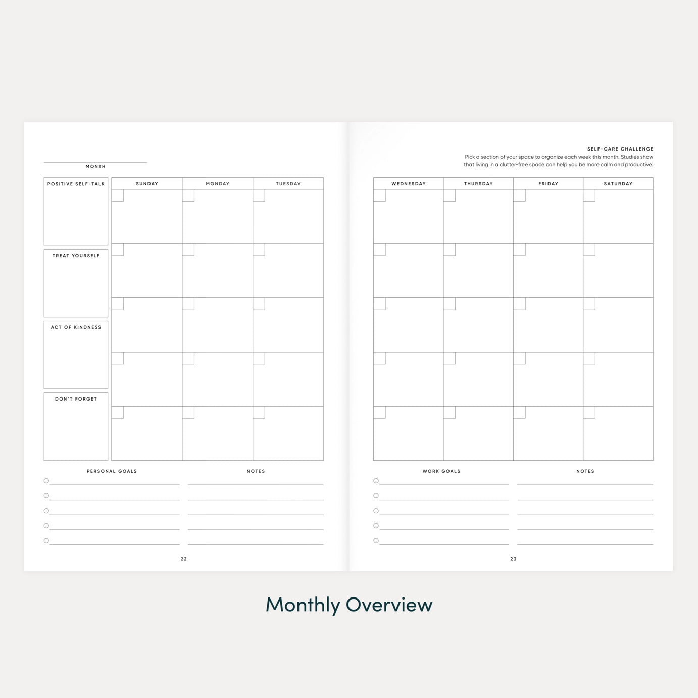 The Self Care Planner monthly overview calendar pages for scheduling and tracking self-care goals and priorities.