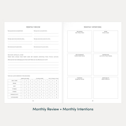 The Self Care Planner monthly review and monthly intentions pages for tracking progress and setting goals.
