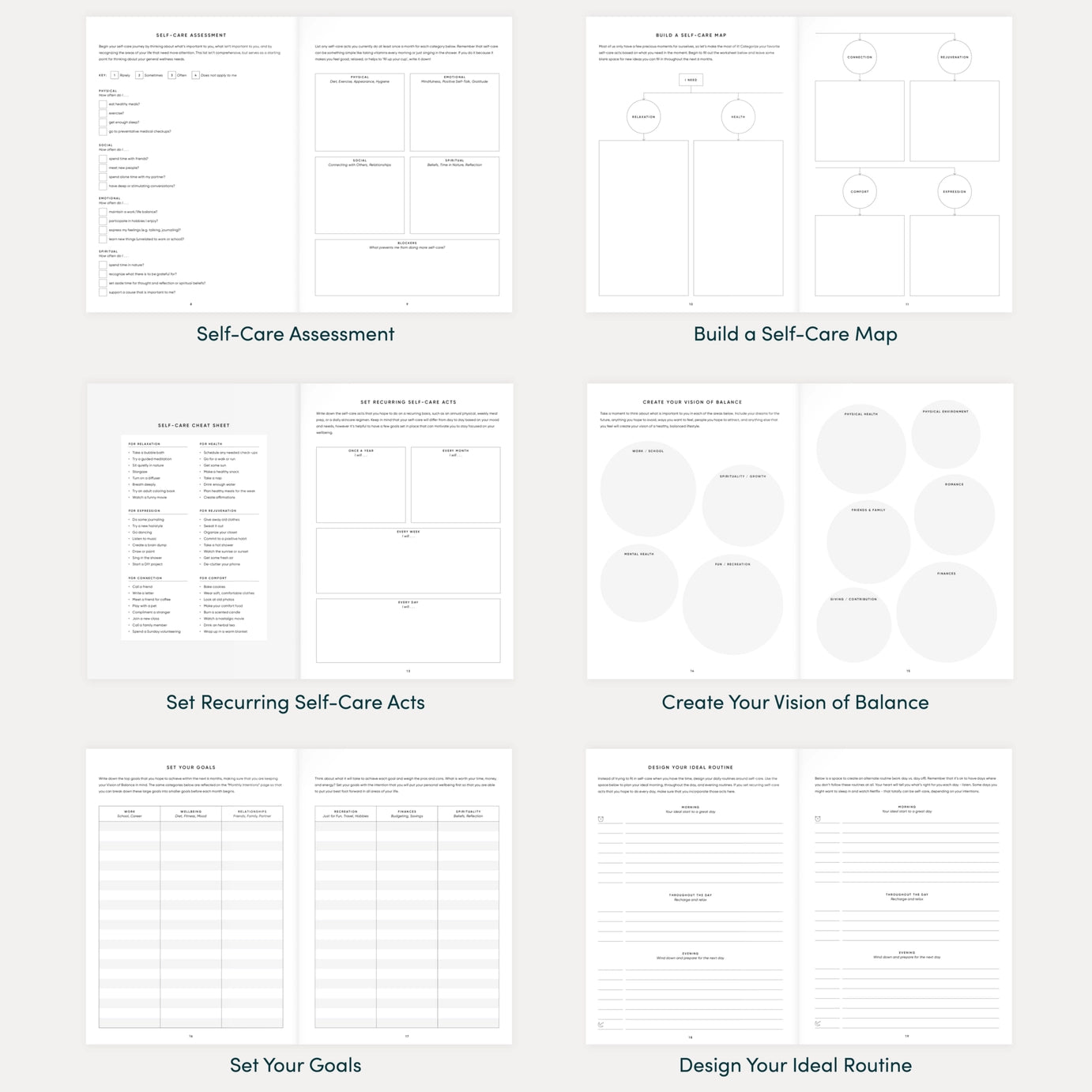 Internal overview of The Self Care Planner showing self-care assessment, goals, routine design, and vision mapping worksheets.