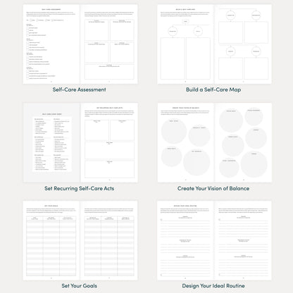 Internal overview of The Self Care Planner showing self-care assessment, goals, routine design, and vision mapping worksheets.