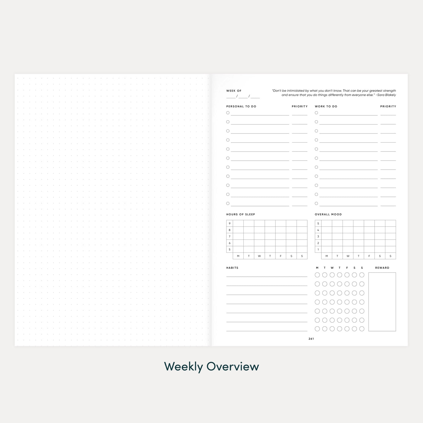 The Self Care Planner showing a weekly overview page with mood, habit tracking, sleep log, and top priorities section.