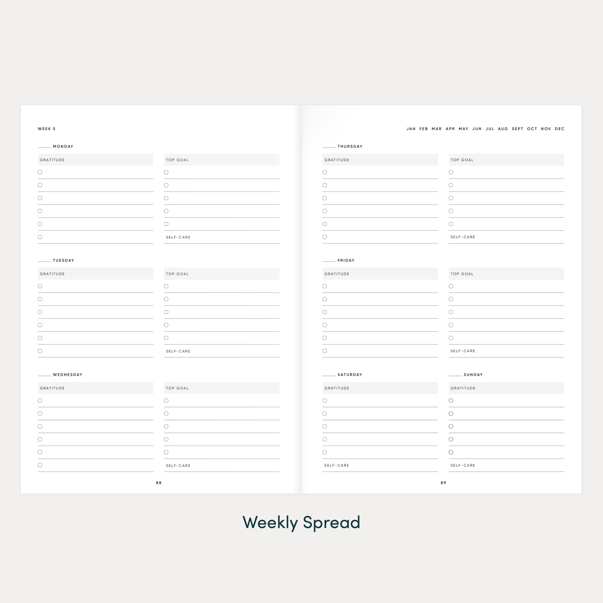 The Self Care Planner open to the weekly planning spread with seven days of the week laid out for scheduling.