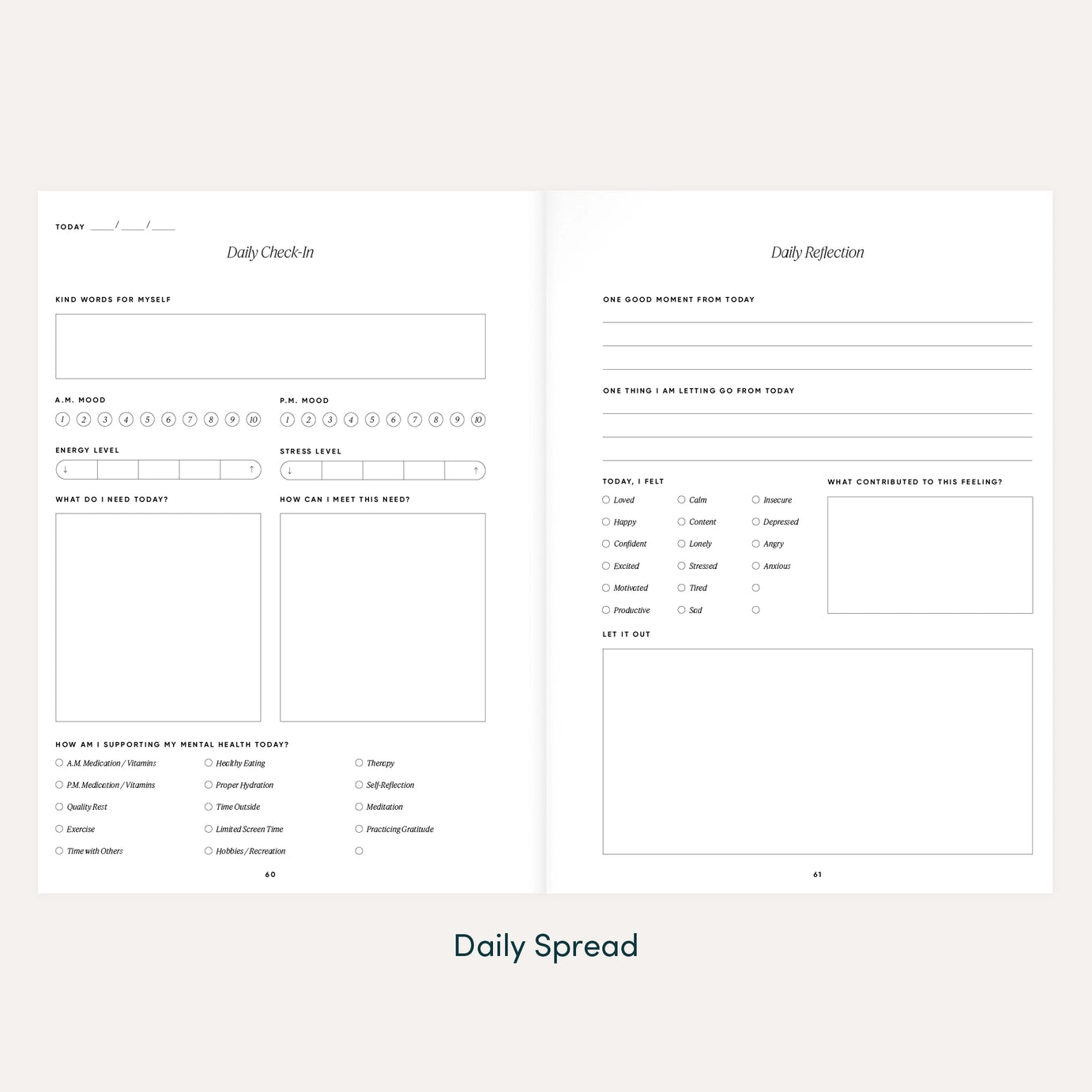 A preview of The Inner Work Journal's daily check-in and daily reflection pages with prompts and mood tracking.