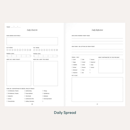 A preview of The Inner Work Journal's daily check-in and daily reflection pages with prompts and mood tracking.